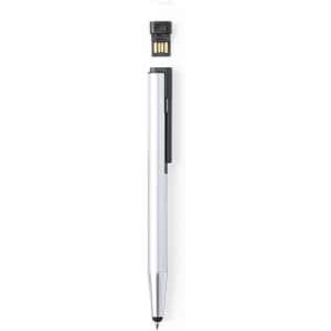 A silver stylus touch ball pen with an integrated USB connector. The pen has a sleek design and a clip.