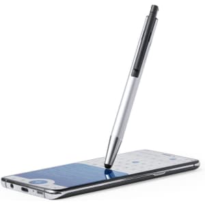 A silver stylus touch ball pen positioned on a smartphone screen, displaying a blue interface. The pen has a sleek design.