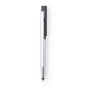 A silver stylus touch ball pen with a black clip and tip, featuring a logo on its surface.