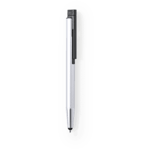 A silver and black stylus touch ball pen with a USB feature, designed for writing. It has a branding logo.