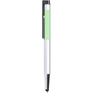 A silver and black stylus touch ball pen with a green accent and a branding logo on the side.