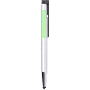 A silver pen with a green grip and a stylus tip, featuring a clip and a logo.