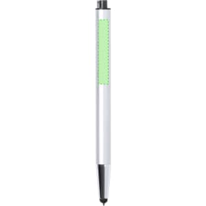 A silver ball pen with a green stylus tip and a section for branding.