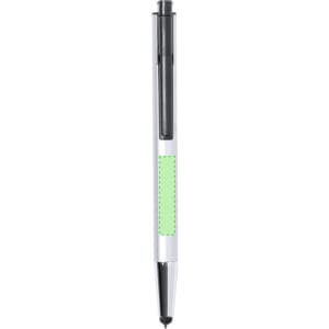 A stylus touch ball pen in white with a green accent and a metallic tip, featuring a logo on the barrel.