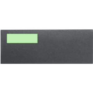 A dark grey envelope with a green label on the front. Features a simple design without additional markings.