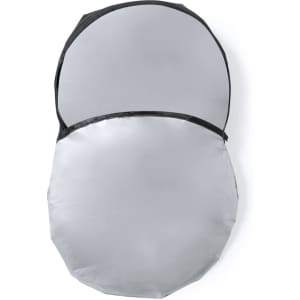 A silver sunshade with a black edge, featuring a circular design and a compact, foldable structure.