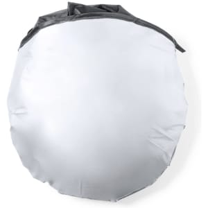 A circular silver sunshade with a black trim, featuring a logo. Suitable for outdoor leisure activities.