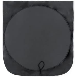 A round black sunshade with a tied opening at the bottom. It features a simple design and has a logo.