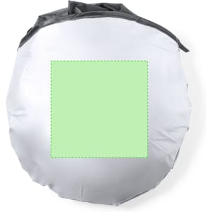 A round silver sunshade with a green square in the centre, featuring a black trim around the edge.