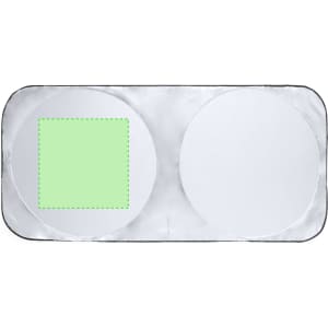 A silver sunshade featuring two circular reflective sections and a square green panel in the middle.