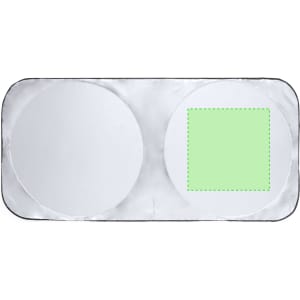 A silver sunshade featuring two circular areas and one square section, bordered in black. It has a branding logo.