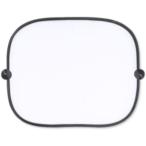 A rectangular sunshade in white with a black trim, featuring two fastening points.