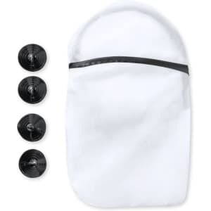 A white sunshade with a black trim, accompanied by four black suction hooks for attachment.