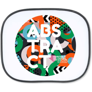 A sunshade featuring a colourful abstract design with various shapes and patterns. It has a black border and a logo.