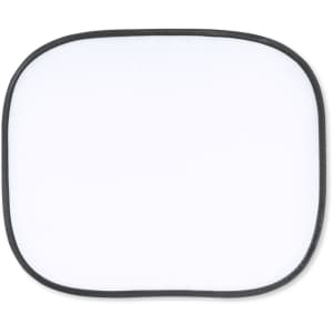 A rectangular sunshade in white with a black border, featuring an emblem or logo.