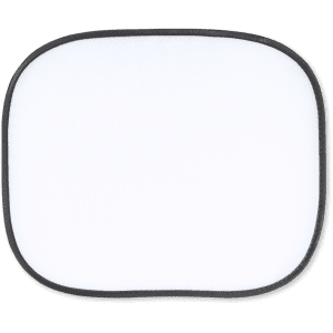 A white sunshade with a black edge, featuring a simple, rectangular design. It has a logo on one side.