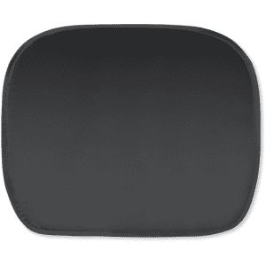 A black sunshade with a smooth, even surface, featuring a bordered edge and a logo.