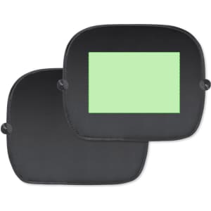 A black sunshade featuring a green centre, designed for use in vehicles. It includes a logo.