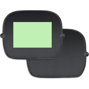 A black sunshade featuring a light green centre, with two suction cups for attachment. It has a logo on one side.