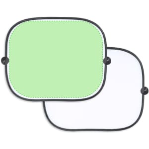 A green and white sunshade with a black trim, featuring two sides for versatility. It has a logo on it.