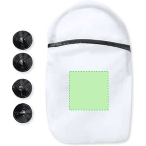 A white sunshade with a black trim and four black suction cups for attachment. It features a blank green area.