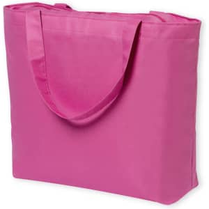A pink tote bag with sturdy handles and a simple design, featuring a logo.