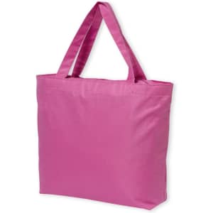A pink tote bag with two handles and a simple design. It features a logo on the side.
