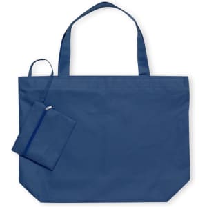 A large blue tote bag with two handles and a smaller matching pouch. The pouch features a zip closure.