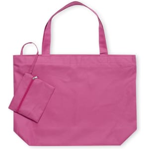 A large pink tote bag accompanied by a smaller matching pouch. The tote has two handles and a logo.