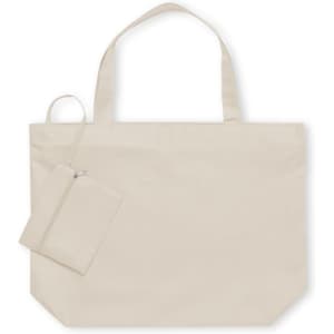 A beige tote bag with two handles and a small matching zippered pouch. The bag features a logo.