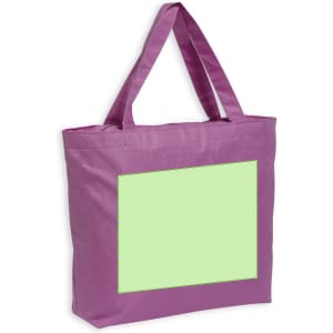 A purple tote bag with a large blank green area on the front and two sturdy handles.