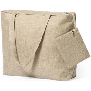 A beige bag with a textured finish and a small zippered pouch attached. It features long handles for carrying.