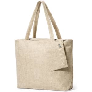 A beige tote bag with two handles and a zippered pocket on the side, featuring a logo.