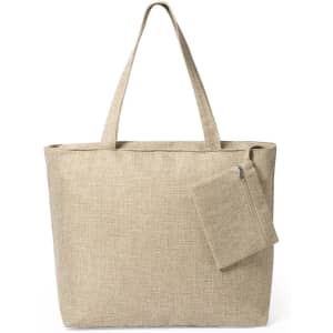 A beige tote bag with two handles and a detachable zippered pouch. The bag has a simple, textured design and a logo.