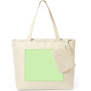 A beige tote bag with two sturdy handles and a small zippered pouch attached. It has a blank area for branding.