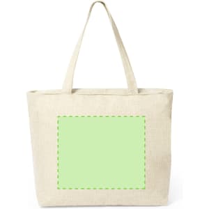 A natural-coloured tote bag with two handles and a blank rectangular area for customisation.