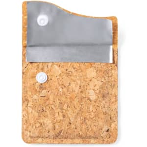 A cork pocket ashtray with a silver lid and snap buttons, ideal for outdoor leisure activities.