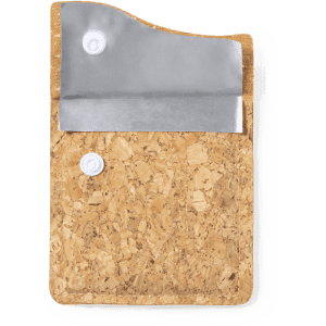 A pocket ashtray featuring a cork exterior with a silver metal lid, designed for convenience.