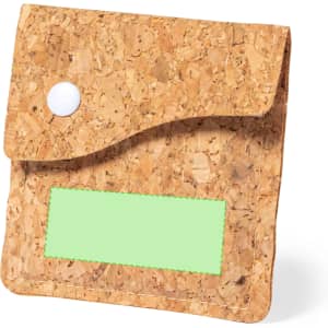 A cork pocket ashtray with a flap closure and a snap button, featuring a blank area for customisation.