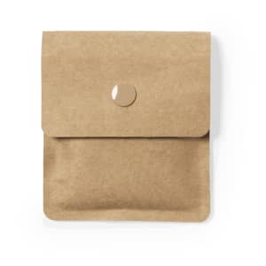 A brown, textured pocket ashtray with a snap button closure, featuring a simple design.