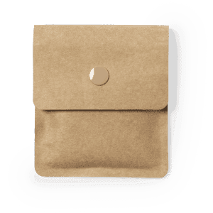 A beige pocket ashtray with a snap button closure, featuring a simple design and a logo.
