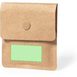 A brown pocket ashtray with a snap button closure and a blank label area.