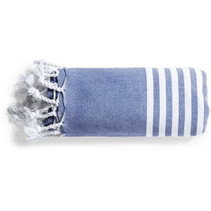 A blue and white striped towel pareo with tasselled edges, featuring a branding logo.