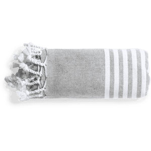 A grey towel pareo with white stripes and decorative tassels at one end. It features subtle texture details.