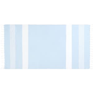 A light blue towel pareo with white stripes and fringed edges, featuring a logo.