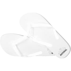 White flip flops made from recycled material, featuring a simple design and a logo on the sole.