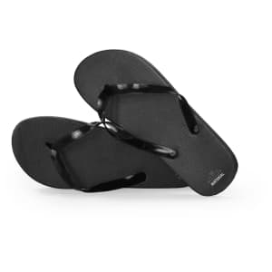 A pair of black Tapiok flip flops with a textured sole and thin straps, featuring a logo on one footbed.