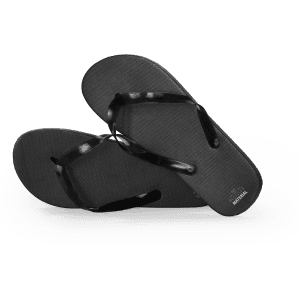 A pair of black flip flops with textured soles and smooth straps, featuring a logo on one side.