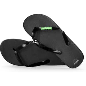 Black flip flops with a textured sole and glossy straps, featuring a small logo on the side.