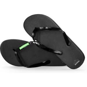 Black thong-style flip flops with a textured surface and a green accent, featuring branding on the sole.